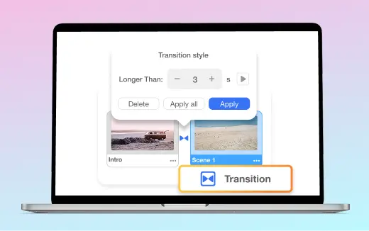 Video Transitions effect in Visla’s video editor for smooth scene changes with fade-ins, zooms, and wipes.